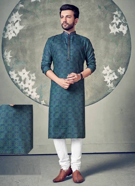 Teal Green Colour Traditional Poly Digital Print Party Wear Kurta Pajama Mens Collection ERD-KP-11